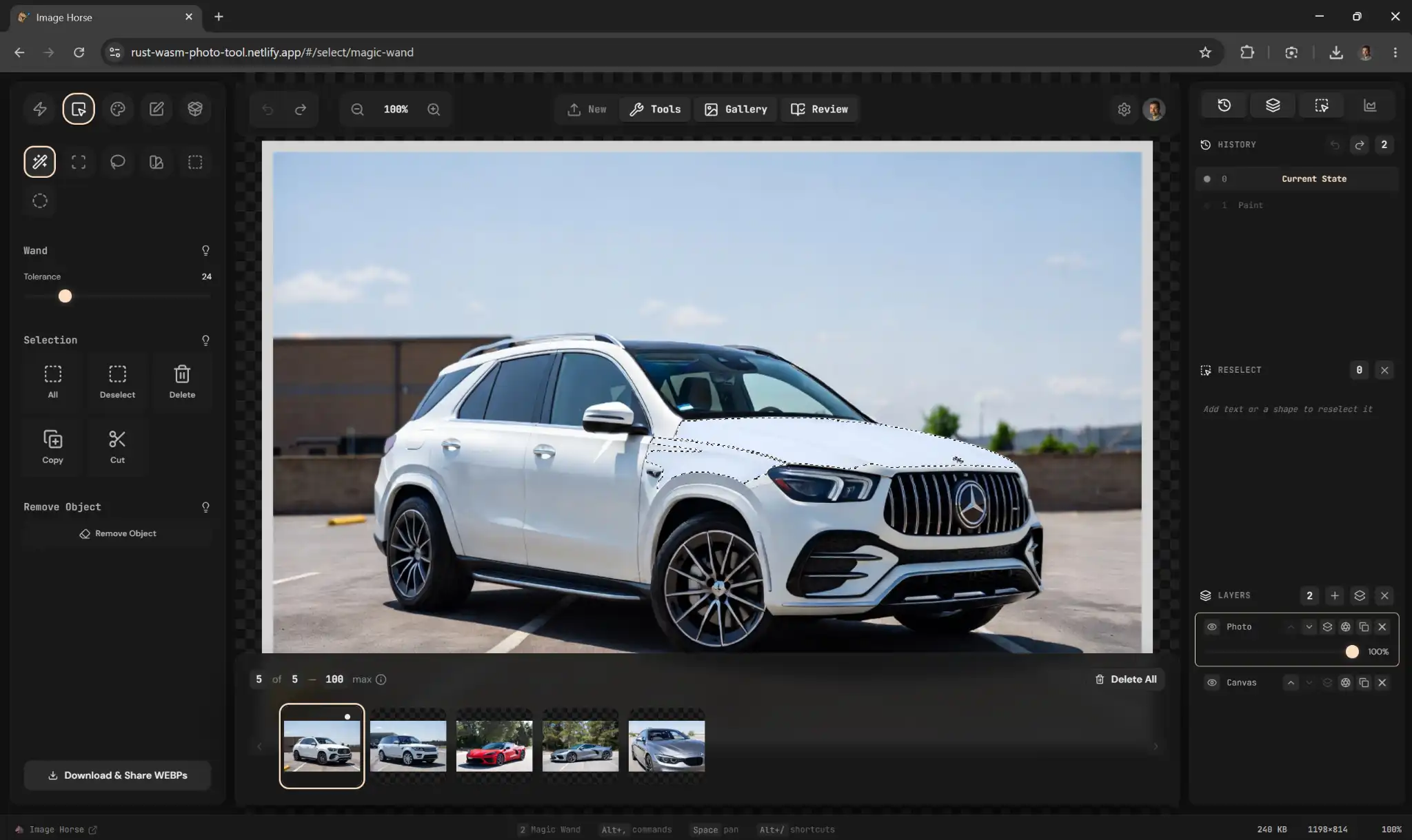The Image Horse editor open on a photo of a white Mercedes SUV, a magic-wand selection marching around the bonnet, with the Wand and Selection panels on the left and History and Layers on the right — five photos in the gallery strip below, all held in the browser.