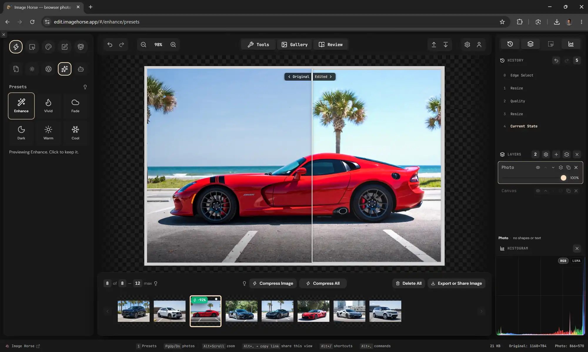 The Image Horse editor open on a photo of a red Viper parked by the ocean, split down the middle between Original and Edited, with the Presets panel on the left previewing Enhance and History, Layers and a histogram on the right — eight cars in the gallery strip below, the Viper tagged −92%.