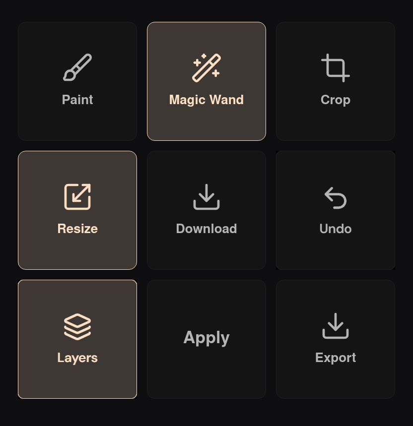 Nine of Image Horse's own controls — Paint, Magic Wand, Crop, Resize, Download, Undo, Layers, Apply and Export — some idle, some selected.